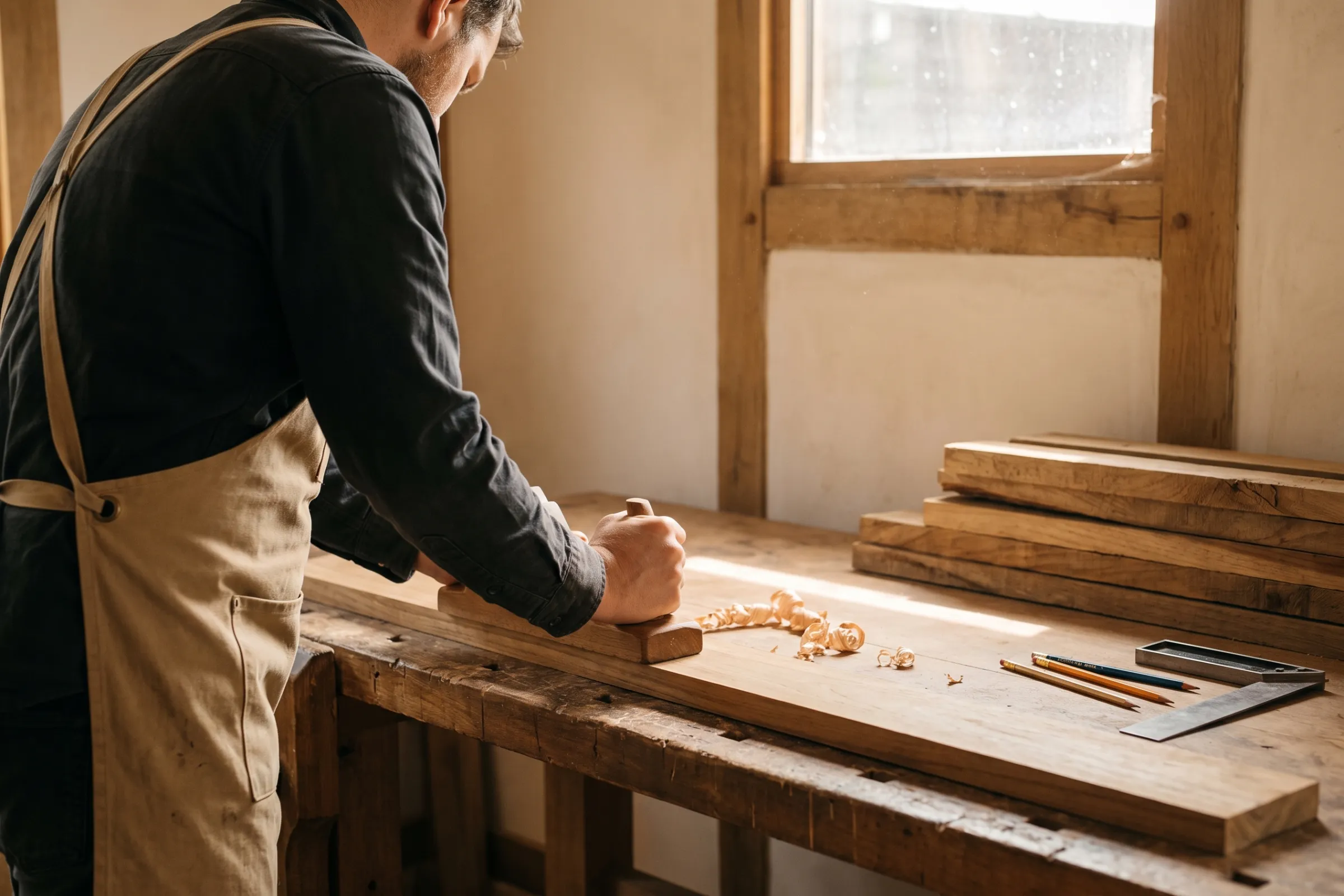 Carpenter hand-planing a teak board at a workshop bench, shavings curling off the wood