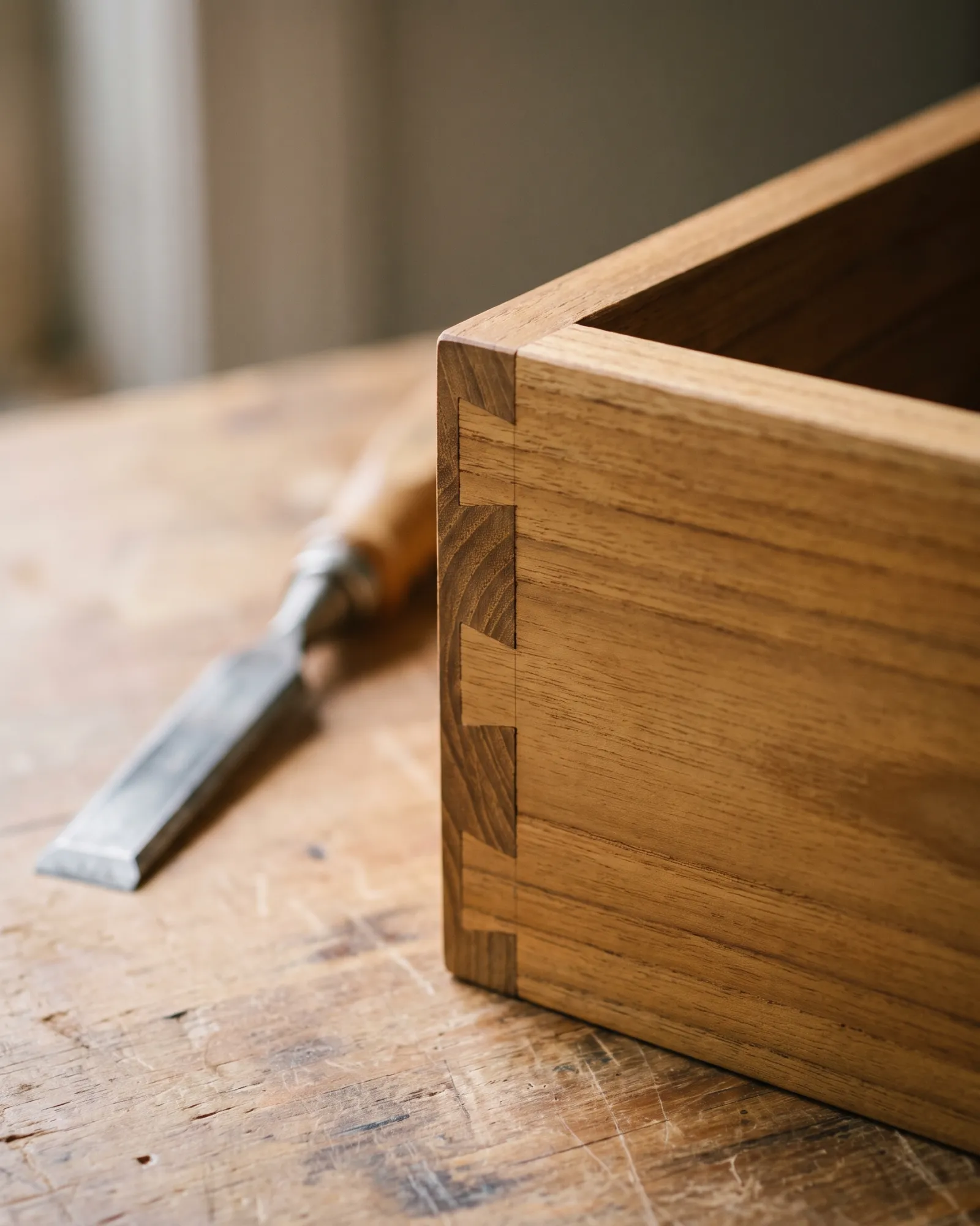 Hand-cut finger joints on the corner of a solid teak drawer box, a chisel beside it
