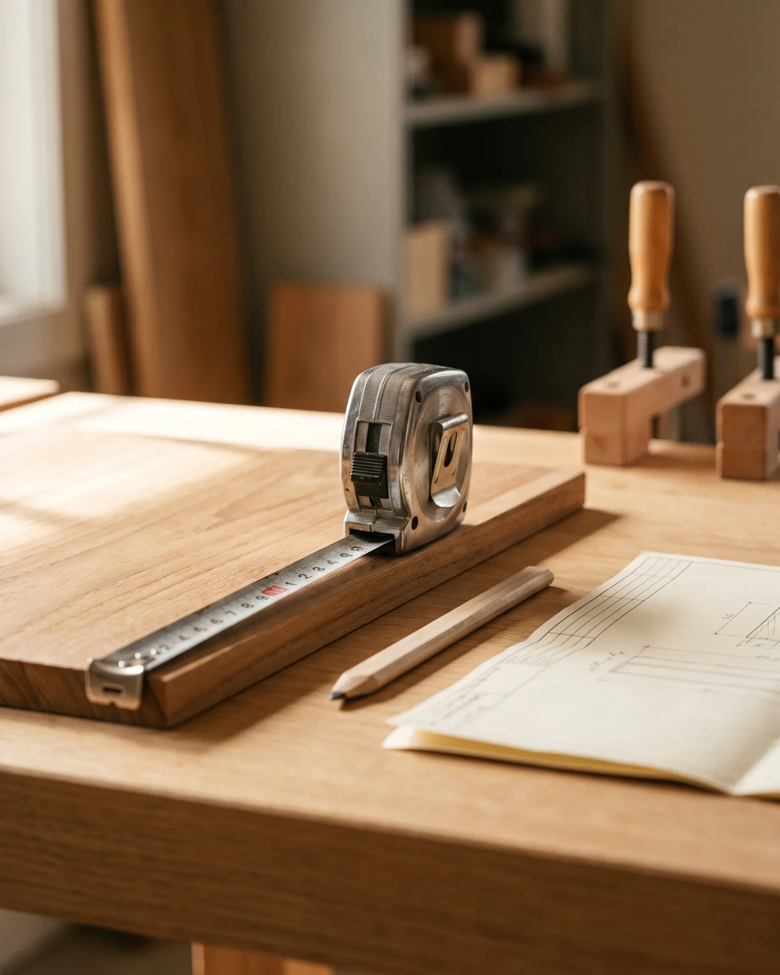Tape measure, carpenter's pencil and a working drawing on a teak panel on a workshop bench