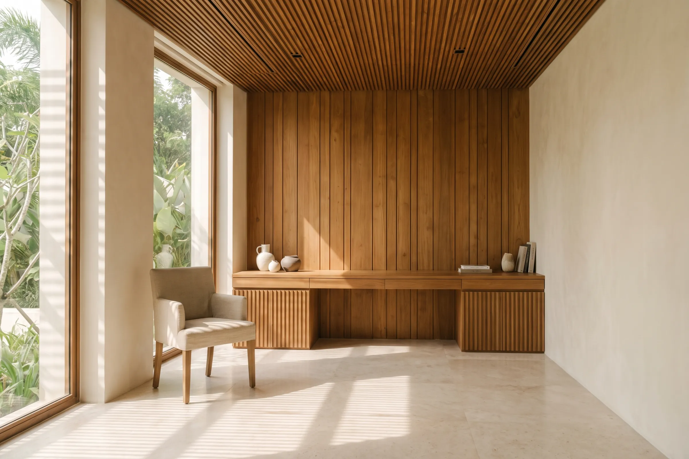 Villa study where a slatted teak ceiling, wall panelling and built-in desk cabinetry share one timber language