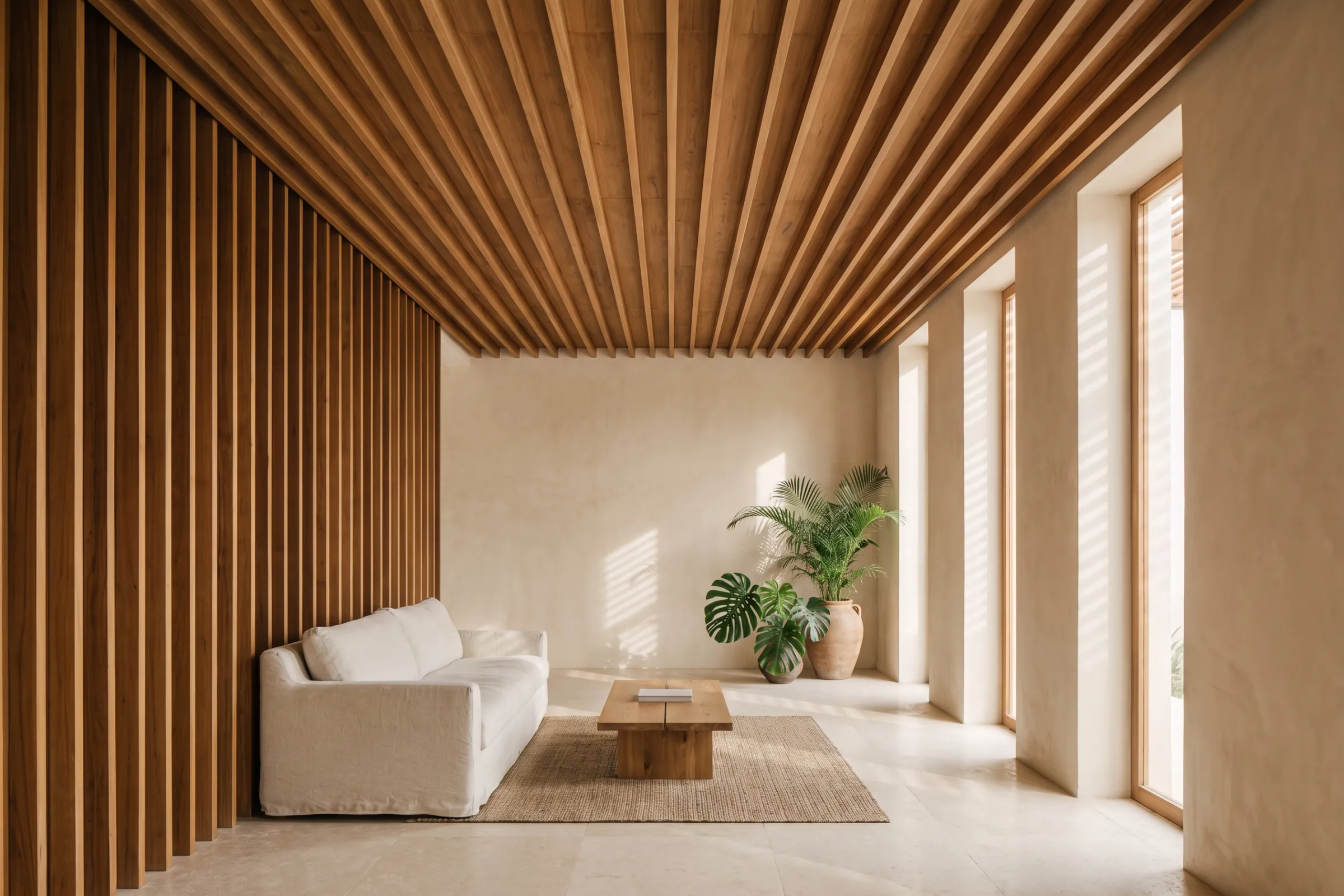 Slatted teak ceiling continuing down the wall as panelling in a tropical-modern living room